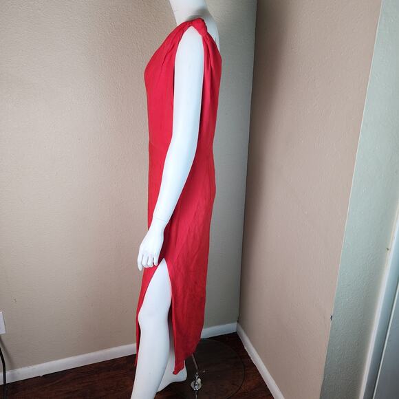 by Anthropologie Red Linen Blend Midi Length Dress Asymmetrical Neckline, S - Picture 4 of 8